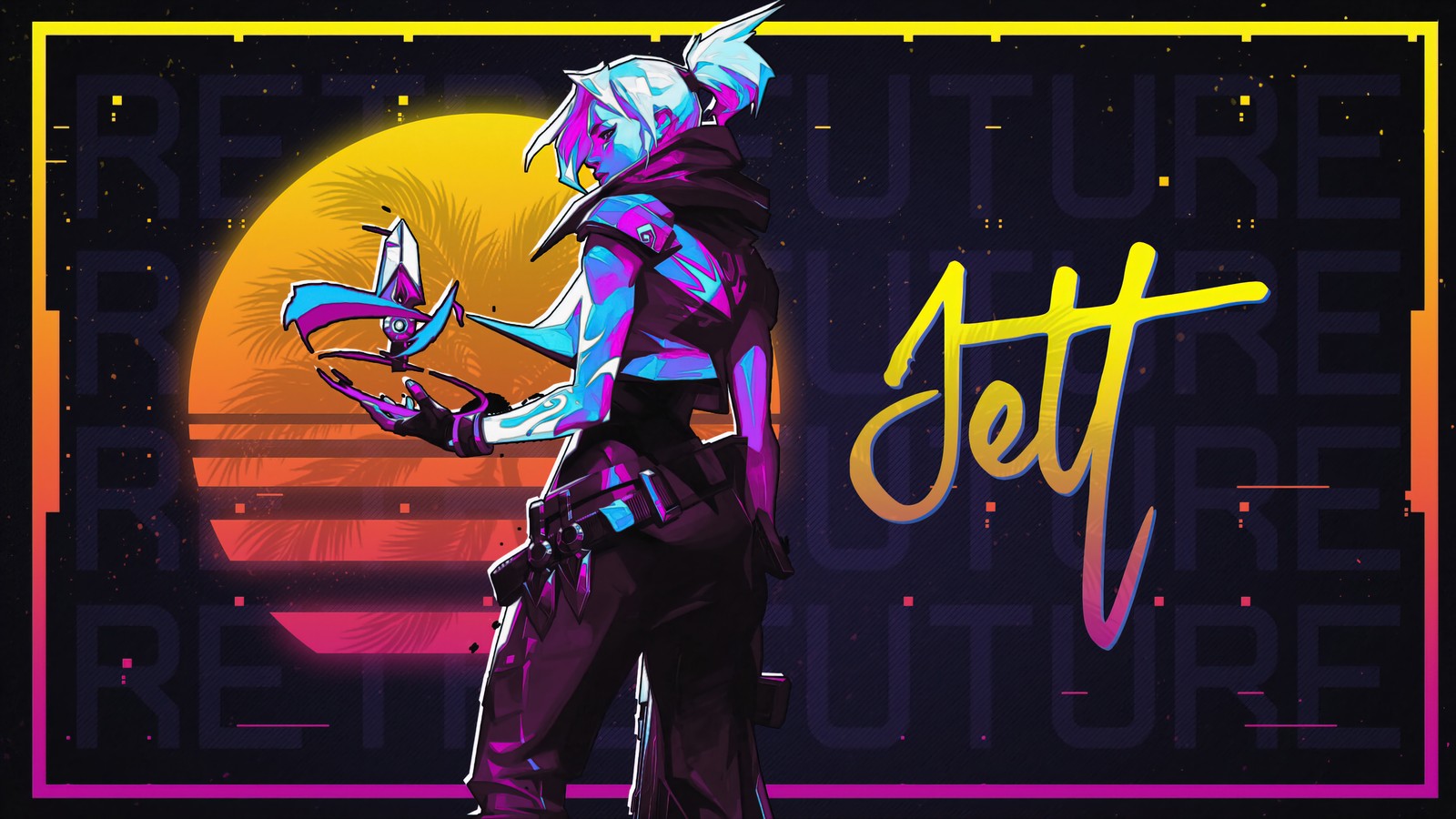 A woman in a futuristic outfit holding a bird in her hand (valorant, video game, jett, synthwave, retrowave)