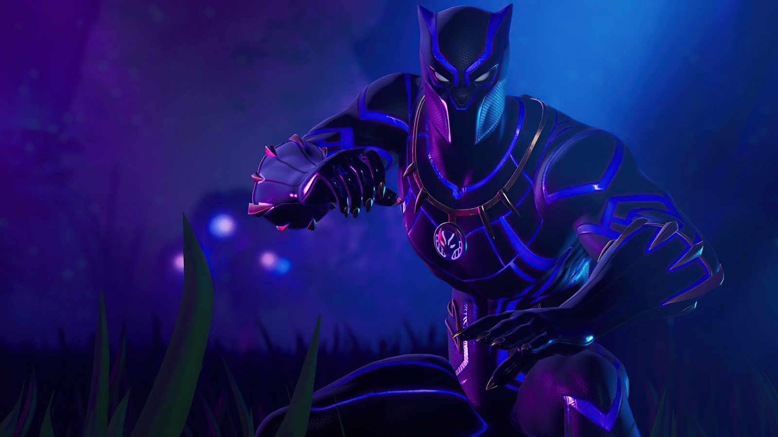 Um close de uma pessoa em um terno preto com luzes roxas (pantera negra, fortnite, super heróis marvel, marvel superheroes, fundo neon)