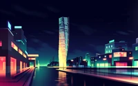 Vibrant Night Metropolis: A Vector Illustration of Modern Architecture and Urban Reflections