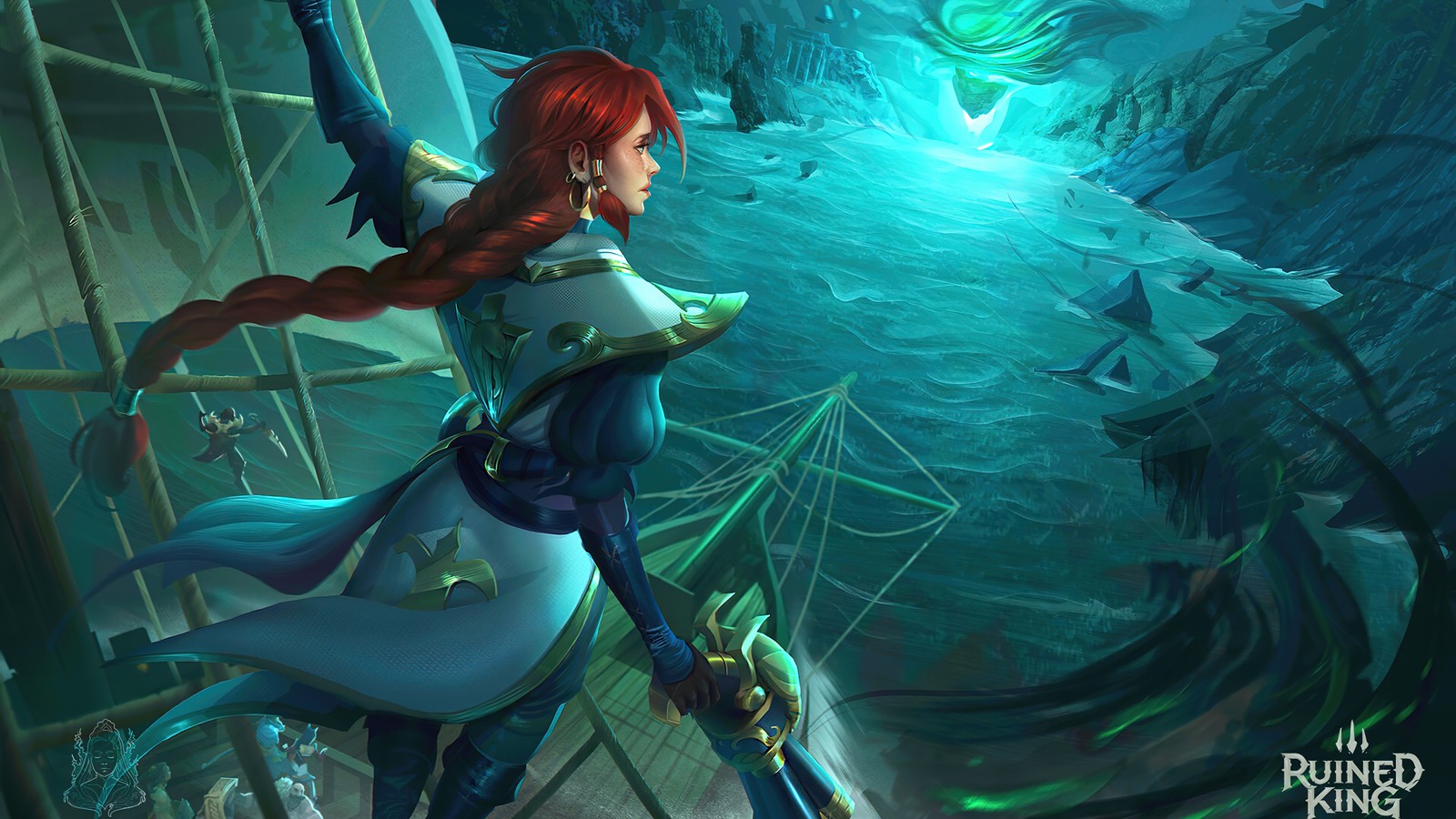 A woman in a blue dress stands on a ship in the water (miss fortune, ruined king a league of legends story, video game, lol, league of legends)