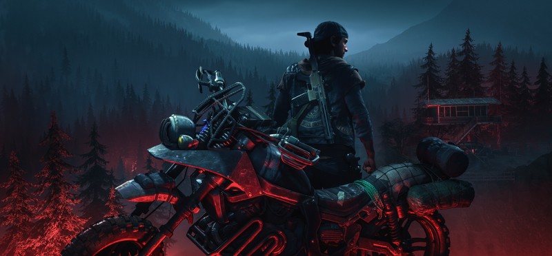 Близкий план человека на мотоцикле в лесу (дни ушедшие, days gone, дьякон святой иоанн, разбойник, игры на выживание)