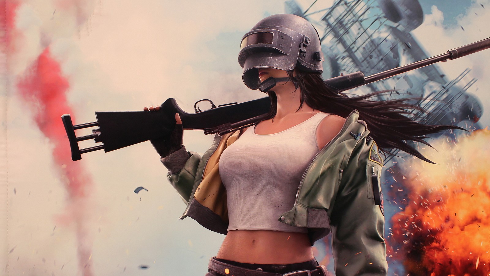 Arafed woman in a gas mask holding a gun and a gun (pubg, playerunknowns battlegrounds, video game, girl, helmet)