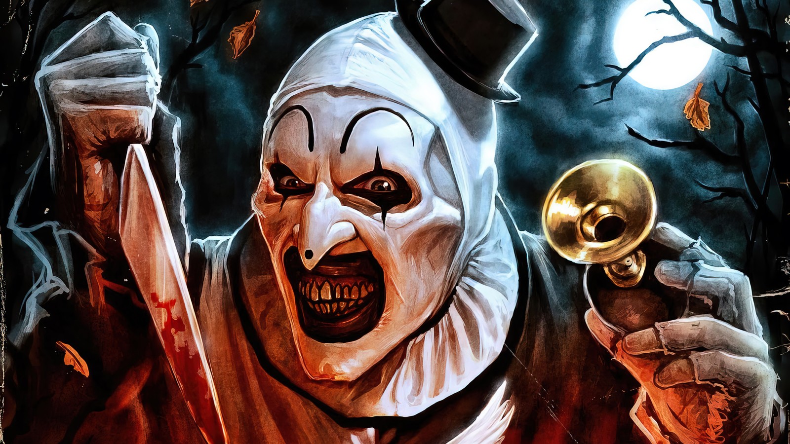 Um close de um palhaço com uma trompete na mão (terrifier 2, 2022, filme, halloween, cartaz)