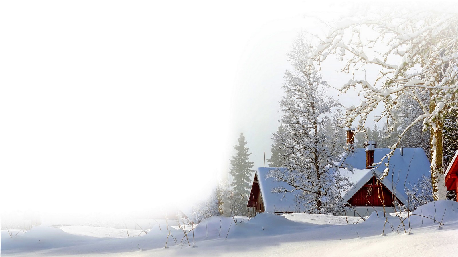 Snowy scene of a cabin in the woods with a red roof (snow, landscape, winter, season, frost)