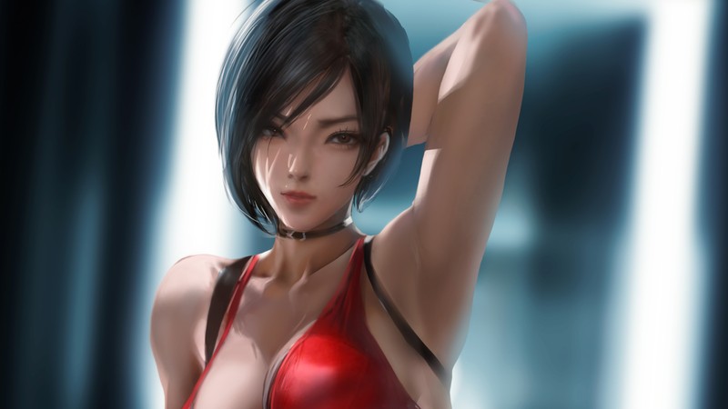 Женщина в красном платье позирует для фотографии (ада вонг, ada wong, resident evil 2, видеоигра, девочки)