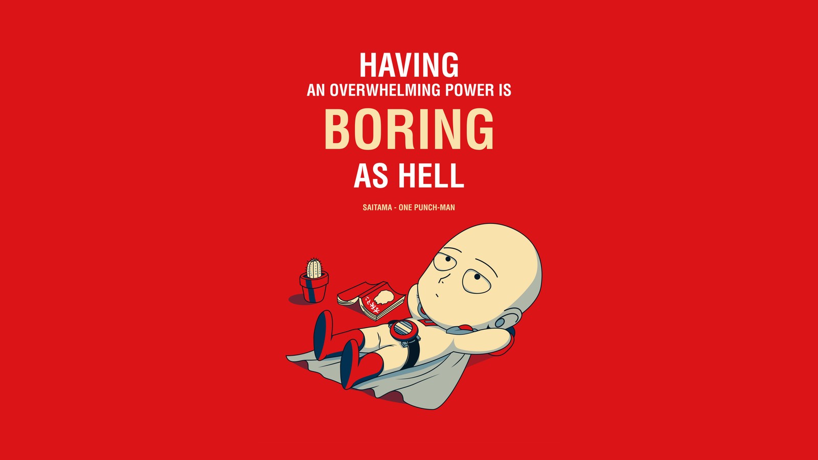 Un personnage de dessin animé assis sur une chaise avec un fond rouge (saitama, fond rouge, saitama quotes, one punch man quotes, 5k)