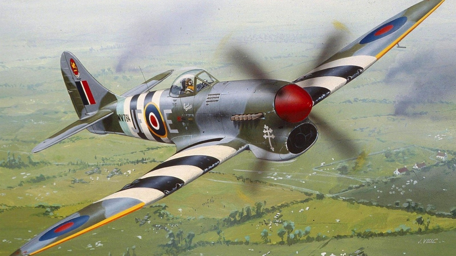 Pintura de un pequeño avión volando sobre un campo verde (hawker typhoon, aeronave, avión, aviación, supermarine spitfire)