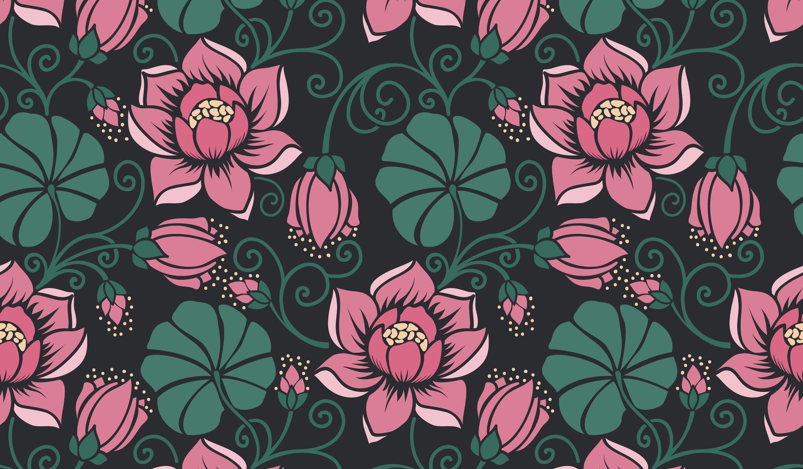 Un motif de fleurs roses et de feuilles vertes sur un fond noir (motif, ornement, fleur, dessin floral, vert)