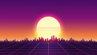 Futuristische Stadtlandschaft bei Sonnenuntergang mit geometrischem Gitter