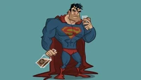 Superman em uma pose casual, segurando uma bebida, exibindo seu icônico físico musculoso e capa vermelha contra um fundo simples.