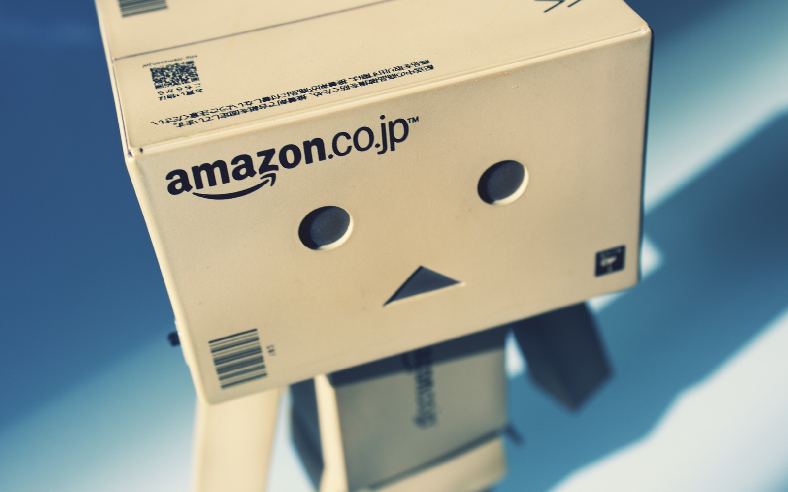 A close up of a cardboard box with a face on it (danbo, robot, carton, amazoncom, online shopping)