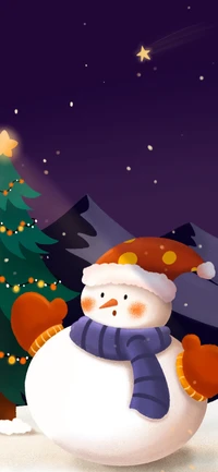 Cheerful Snowman Celebrating Christmas Under a Starry Sky