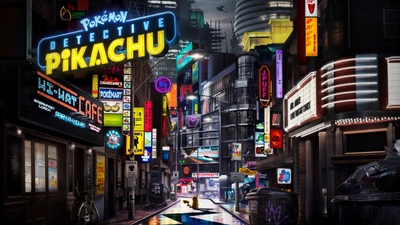 Neon-Nachtlandschaft: Detektiv Pikachu in einer urbanen Metropole