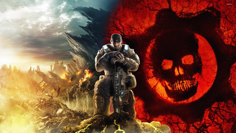 Обои gearson со skull и человеком с оружием (gears of war, gears of war 3, gears of war judgment, pc game, демон)