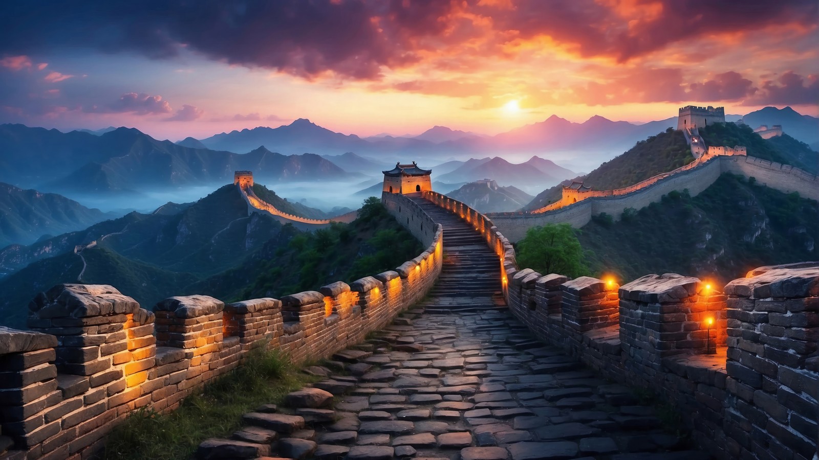 La grande muraille de chine au coucher du soleil (grande muraille de chine, lever de soleil, paysage, art numérique)