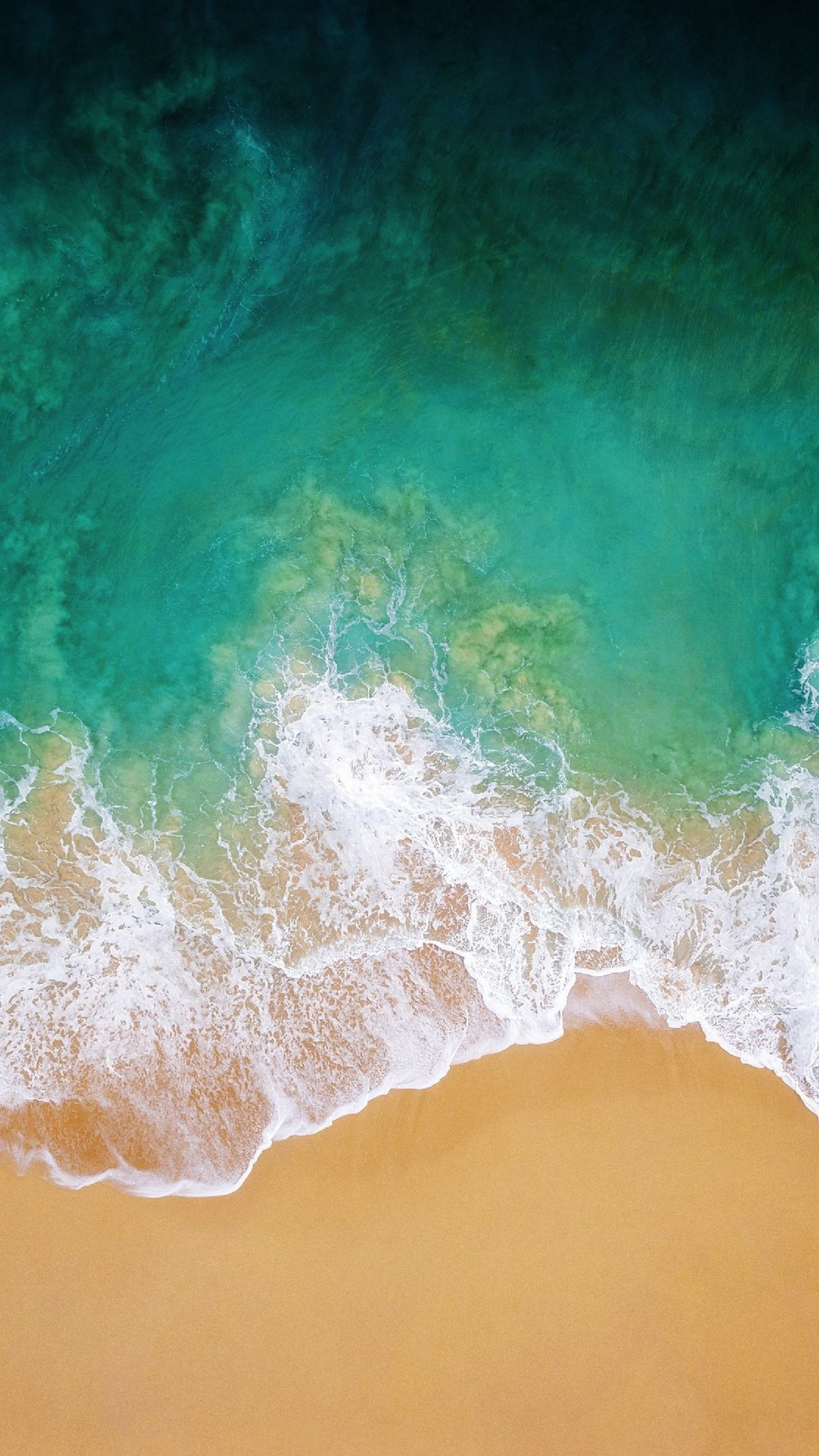 Aerial view of a beach with a surfboard and a wave (apple, beach, hd, iphone, iphone 8)