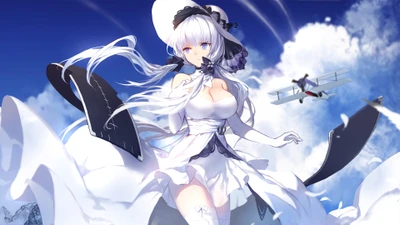 Иллюстрированный из Azur Lane в эффектной позе на фоне динамичного неба