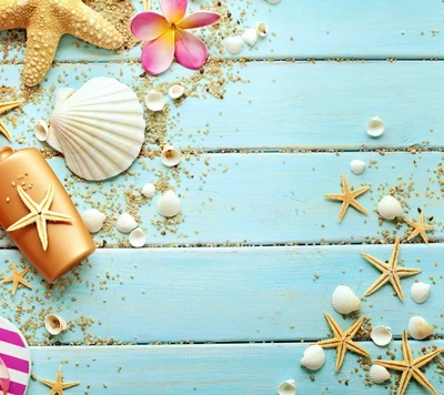 marine, plumeria, sand, seashells, starfish