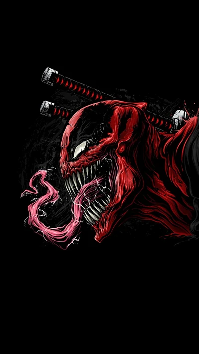 Fusión de Deadpool y Venom con espadas samuráis