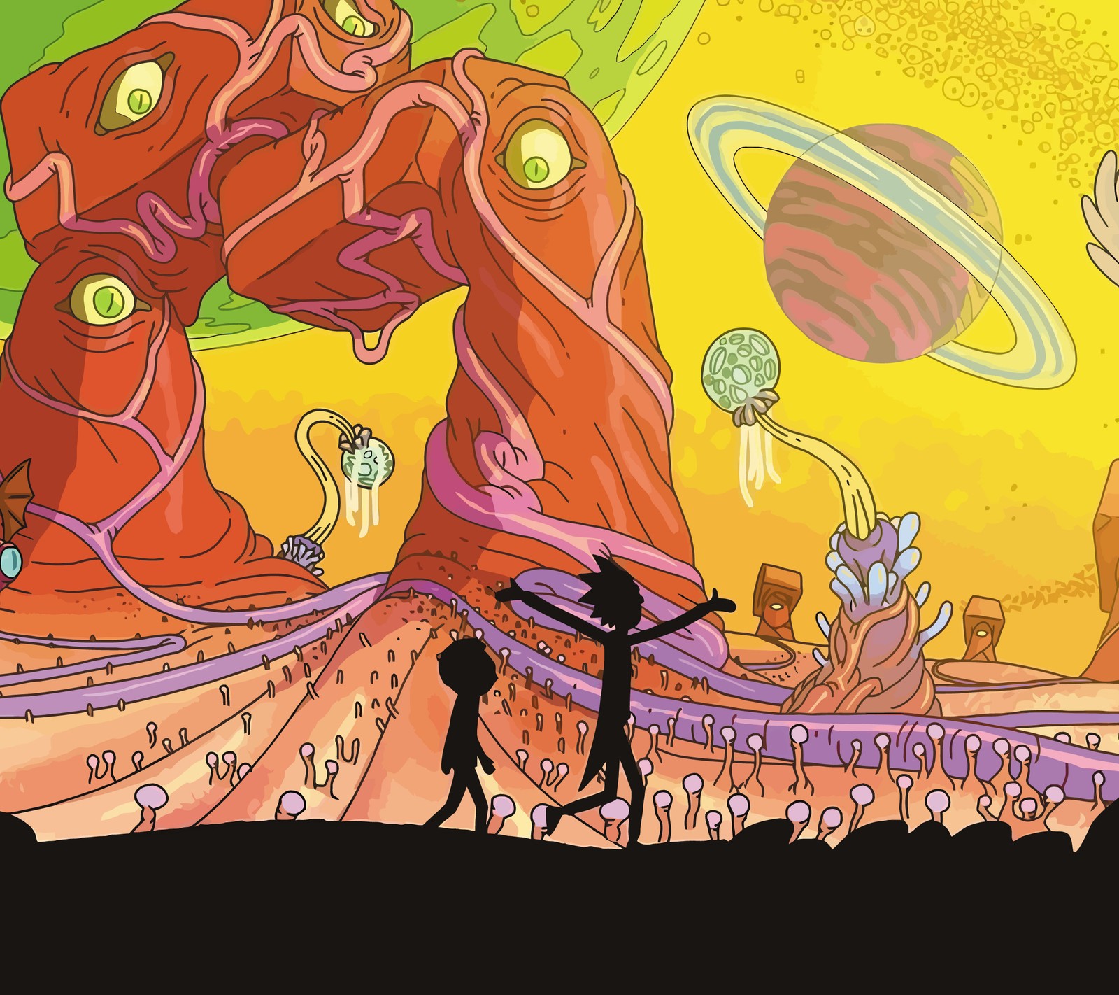 Cartoon illustration of a man and a woman walking in front of a giant robot (morty, rick, rick and morty, space, wallpaper)