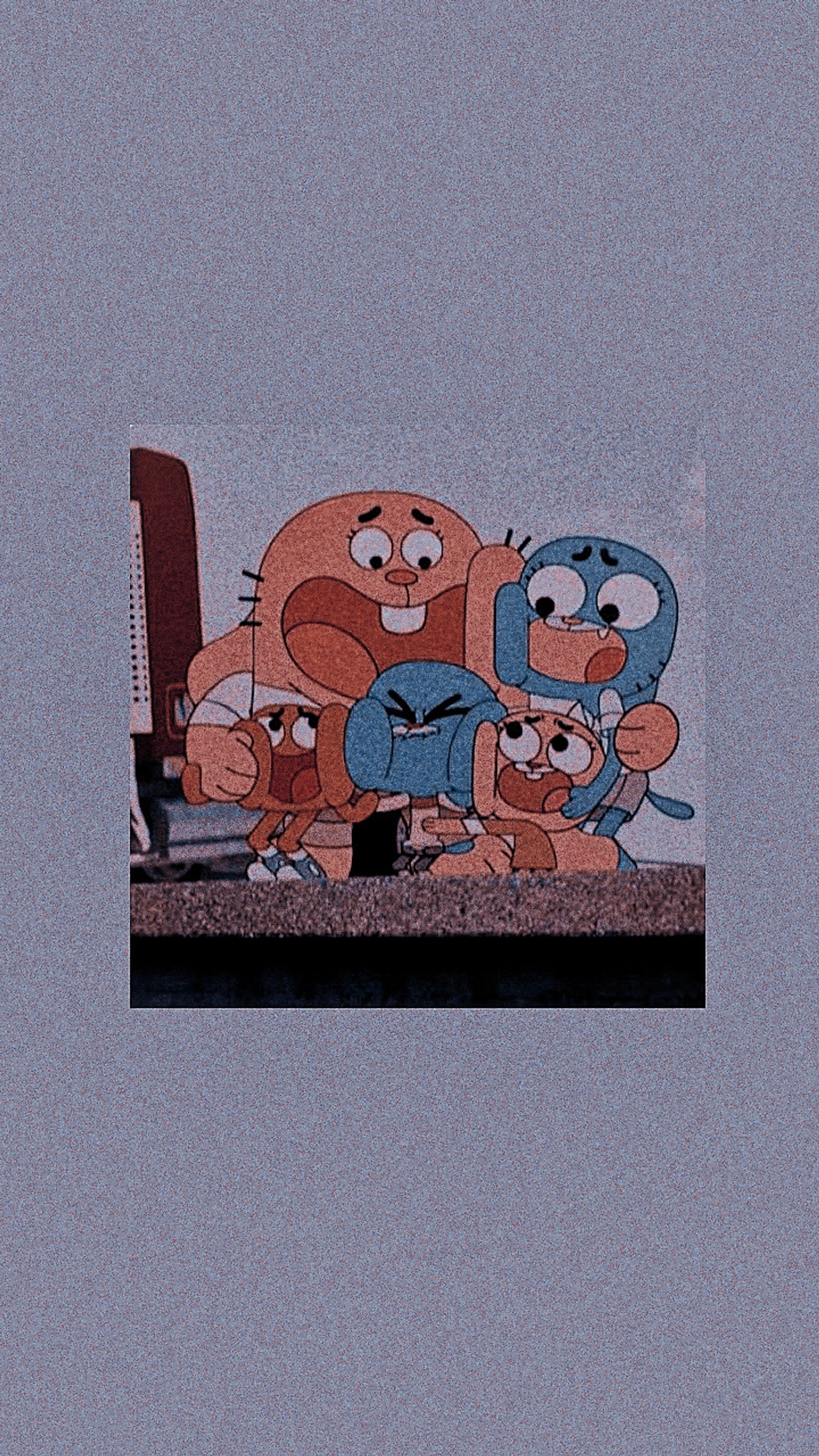 Personajes de dibujos animados sentados en un sofá con un gato y un perro (anais, darwin, gumball, watterson)