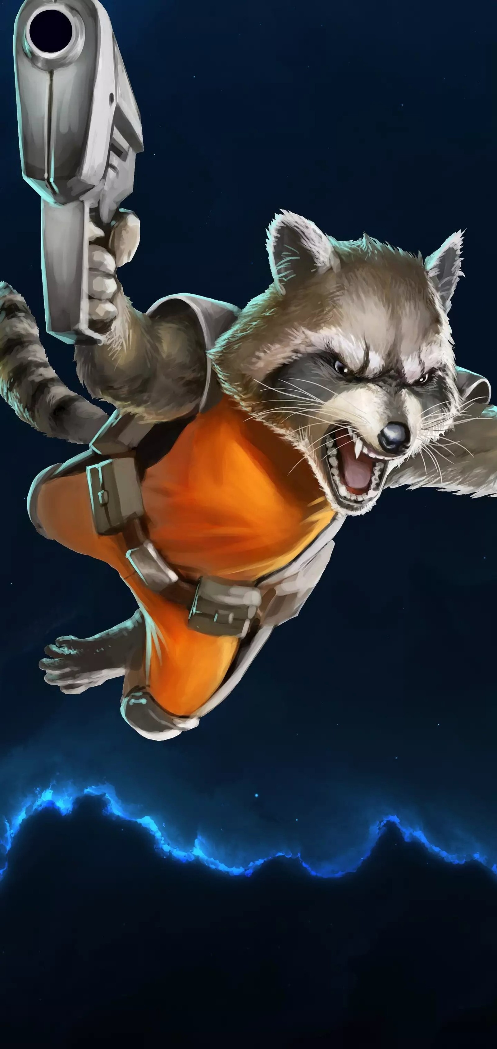 Rocket raccoon flying in the sky with a gun in his hand (left, notch, warriors)