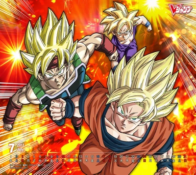 Goku und seine Super-Saiyajin-Formen stürmen in einer dynamischen, explosiven Szene vorwärts.