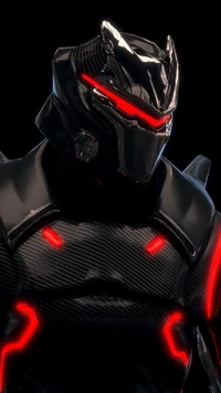 Personnage futuriste de Fortnite avec une armure noire élégante et des accents rouges