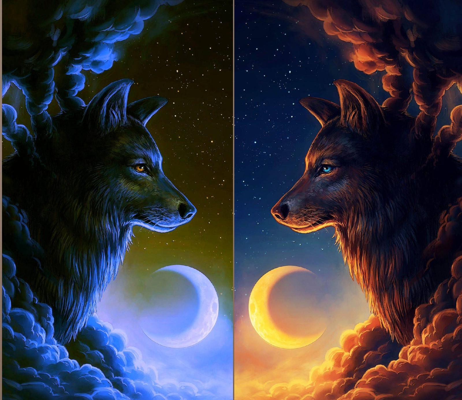 Two pictures of two wolfs facing each other in the sky (teeth, wolf)