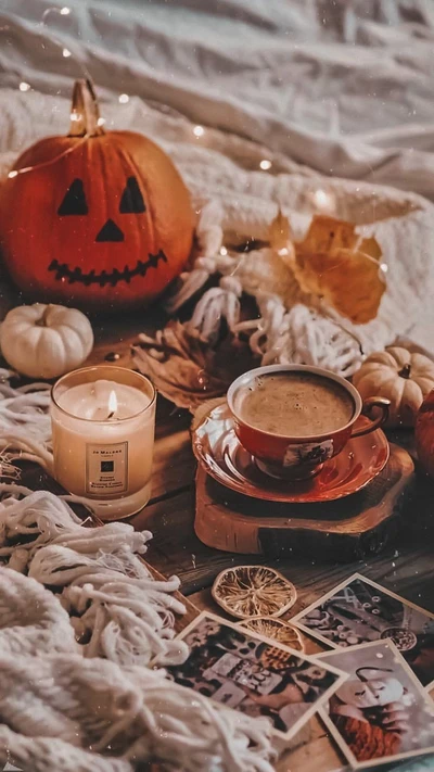 otoño, velas, café, comodidad, halloween