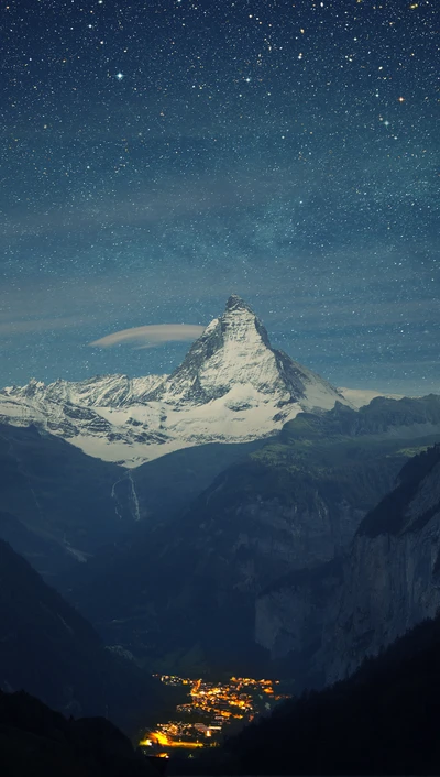 Starry Night Over the Mountain City by the Cliff