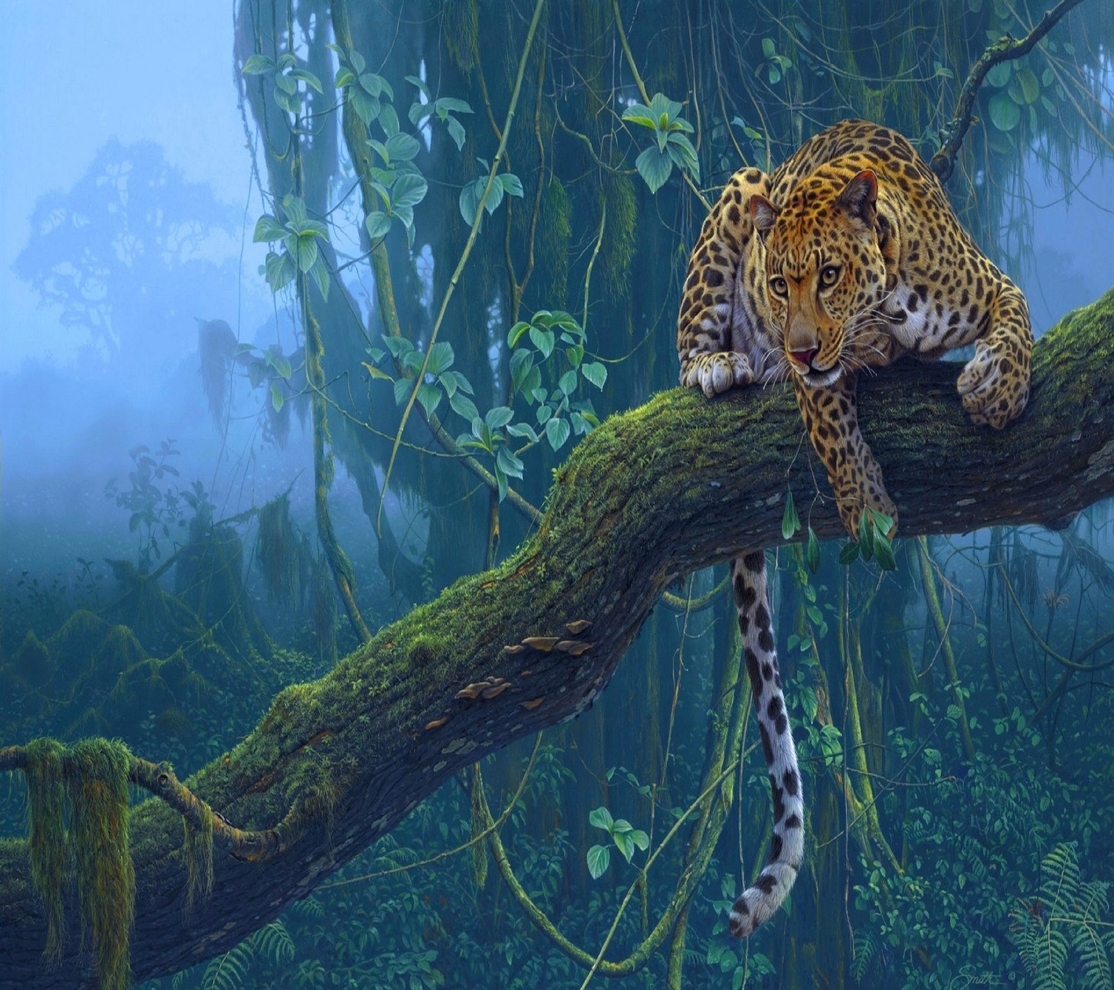 Painting of a leopard resting on a tree branch in a jungle (angry, animaljungle, leopard, leopard on a tree, life)