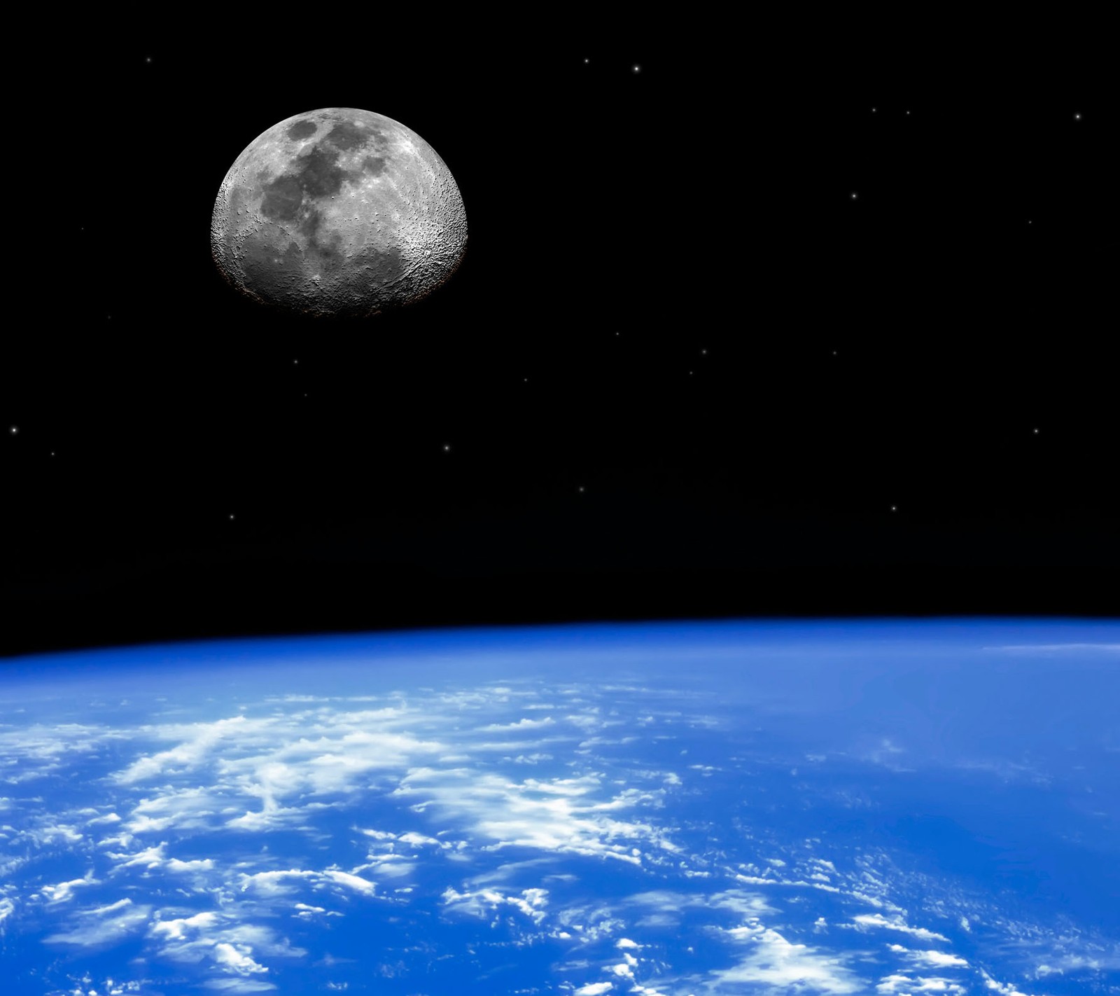 A view of the moon rising over the earth from space (blue, earth, galaxy, iss, moon)