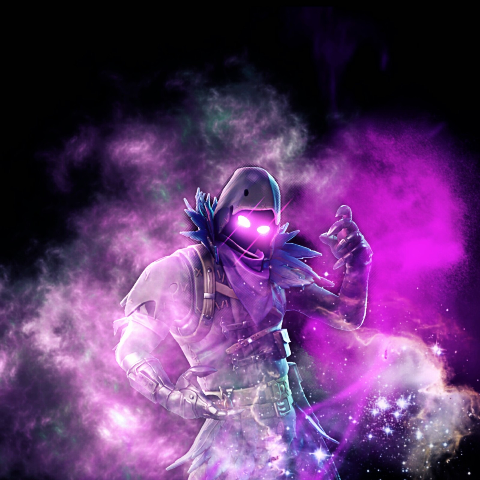 Une image d'un homme en combinaison spatiale avec une lumière violette brillante (artistique, battle royale, fortnite, jeux, gaming)