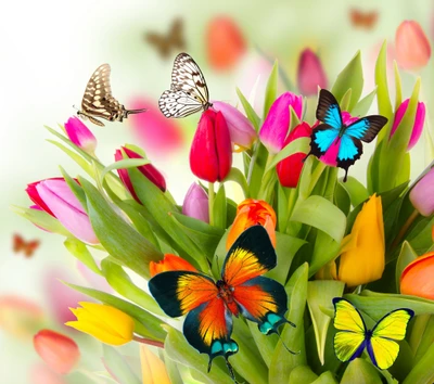 Tulipes colorées et papillons vibrants en floraison printanière