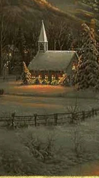 A cozy, snow-covered church adorned with Christmas lights, nestled among trees in a serene winter landscape.