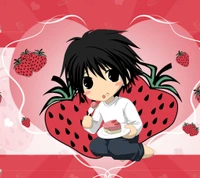 Chibi character enjoying dessert surrounded by strawberries.