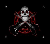 A striking design featuring a skull with glowing red eyes, positioned between two crossed electric guitars, embodying the essence of heavy metal music.