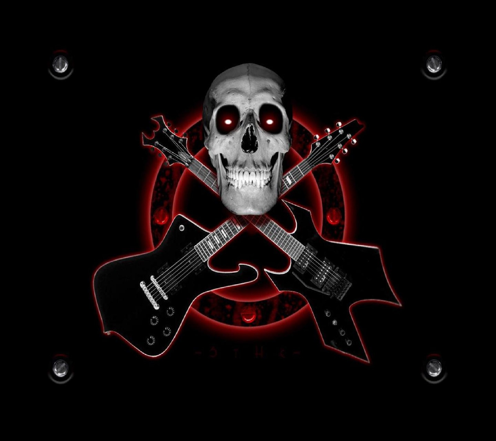 Un primer plano de un cráneo y dos guitarras sobre un fondo negro (guitar skull, heavy metal)