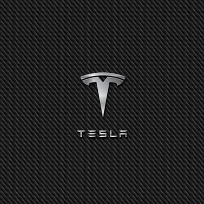 Logotipo da Tesla em fundo de fibra de carbono