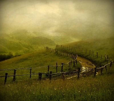 country, fence, fog, green, hills