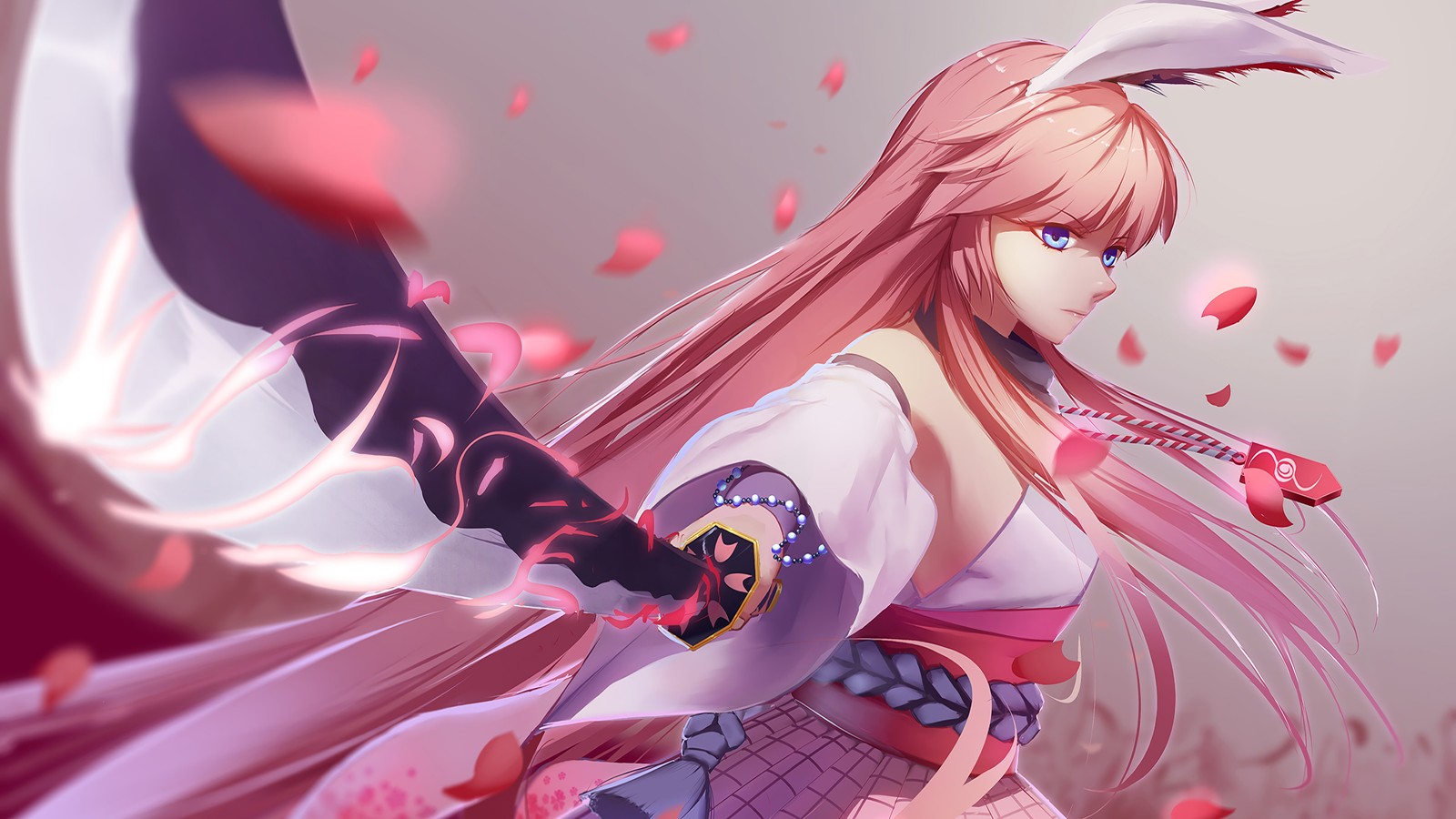 Une fille d'anime avec de longs cheveux et une épée dans un champ de fleurs (filles danime, anime, katana, épée, cheveux roses)