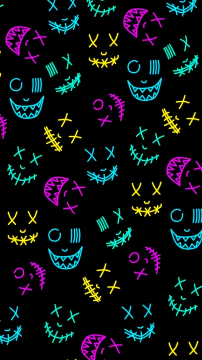 Vibrant Abstract Pattern of Magenta and Electric Blue Faces on Black Background