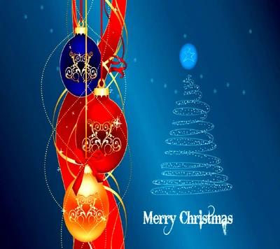 Colorful Christmas ornaments with decorative swirls and a simple tree outline against a blue background, accompanied by the text "Merry Christmas.