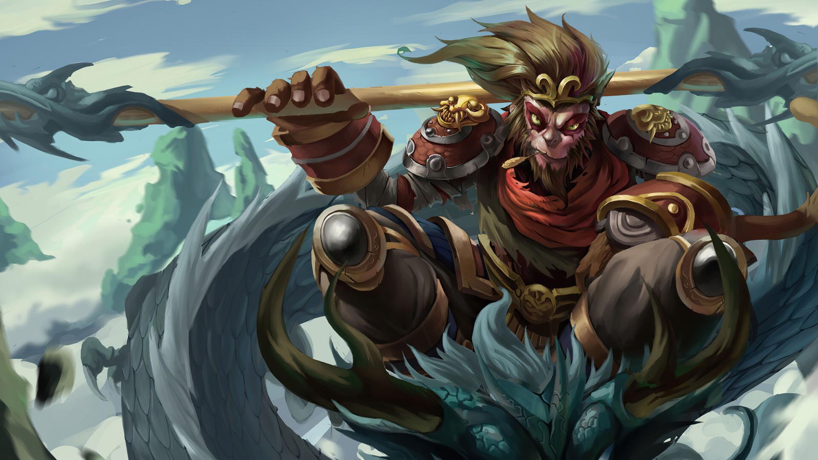 A man with a stick in his hand and a dragon on his back (wukong, lol, league of legends, video game, art)