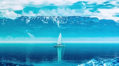 Sailing Through Tranquil Ocean Blues with Majestic Mountains in the Background