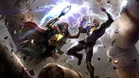 Confronto épico entre Black Adam e um adversário poderoso em meio a uma tempestade de relâmpagos e destruição.