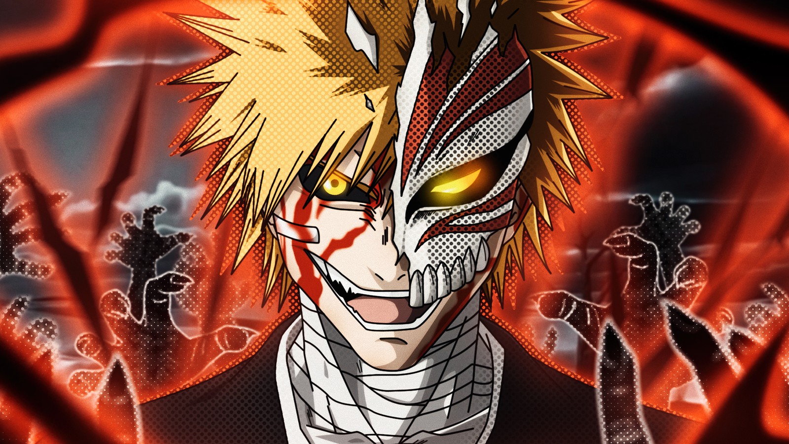 A close up of a person with a very big smile on their face (ichigo kurosaki, artwork, bleach, 5k, hollow mask)