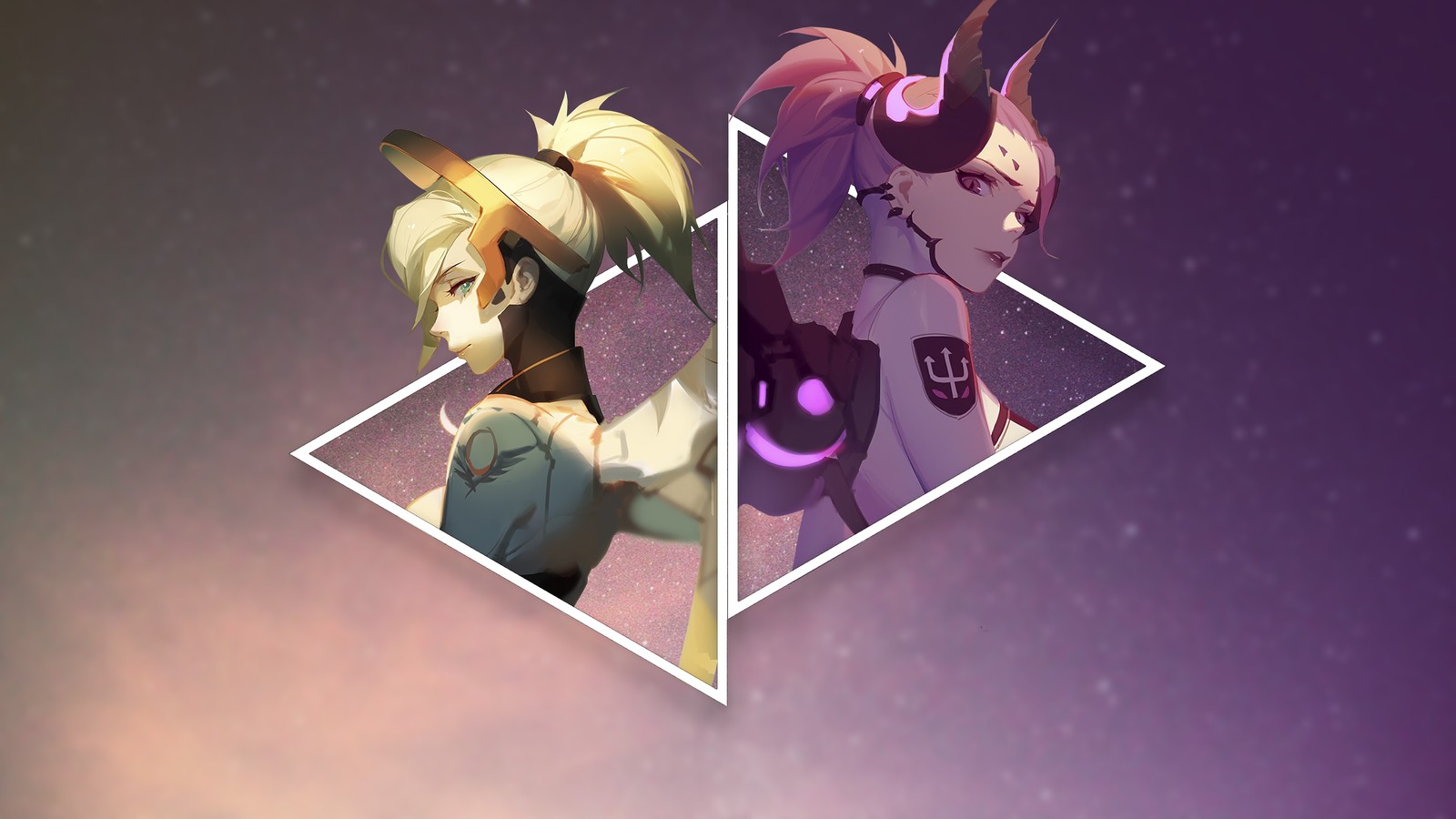 Deux personnages d'anime avec des cornes et un fond violet (miséricorde, overwatch, jeu vidéo)