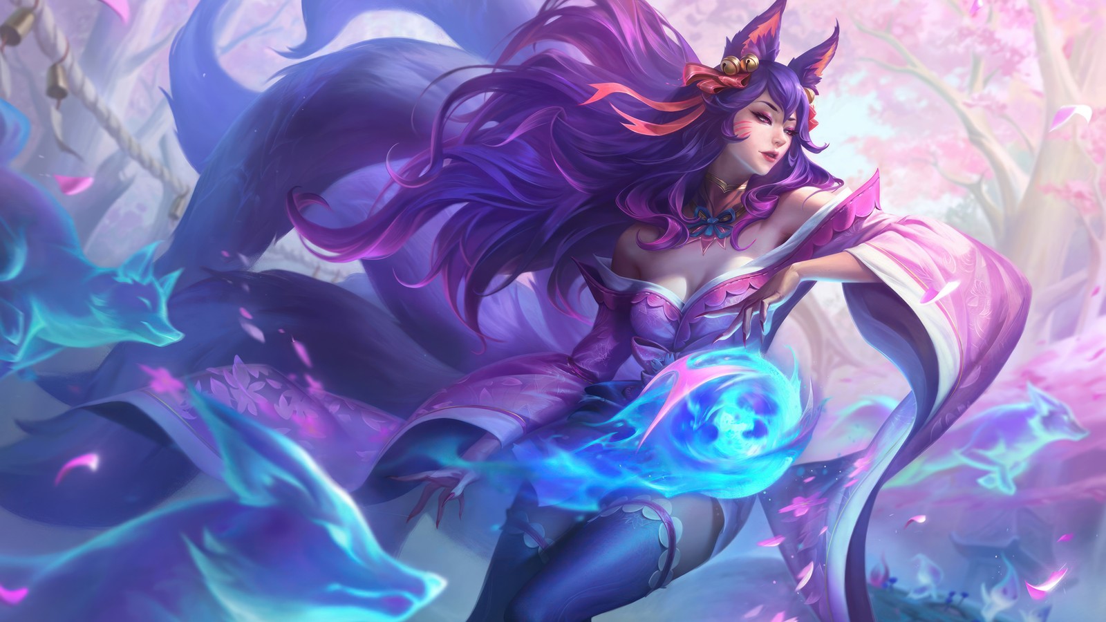 A woman with purple hair and a purple dress holding a blue ball (ahri, spirit blossom, rose quartz, chroma, skin)